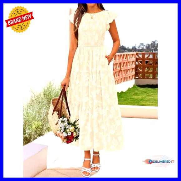 Boho Floral Midi Dress Short Sleeve Smocked A-Line Maxi Beach Vacation - Picture 3 of 7